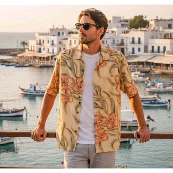 Tommy Bahama Size L Camp Shirt Tropical 100% Silk  Button Up Resort Vacationcore - Picture 1 of 8